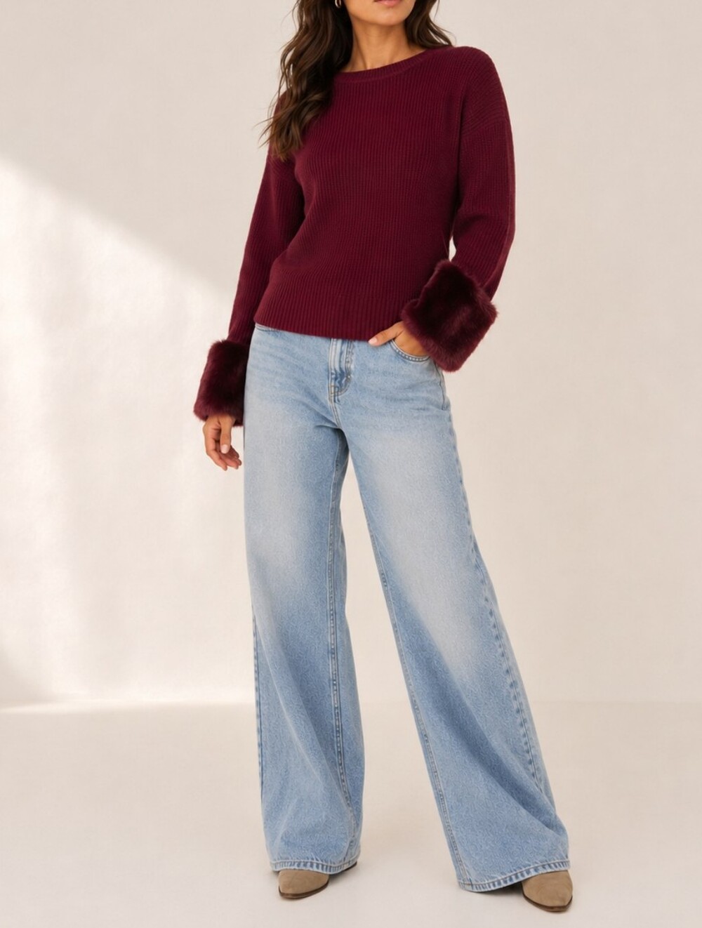 NEW LOVE TOKEN Knit Fur Cuff Sweater Top Medium M Burgundy Red